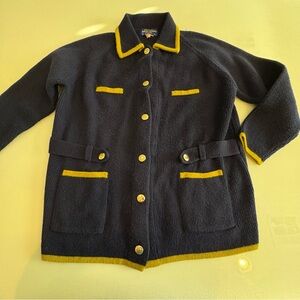 Vintage Cardigan Hand Loomed Blue Chartreuse Gold Buttons Virgin Acrylic Fiber